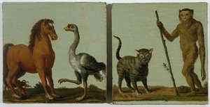 En hest og struts og en villkatt og villmann olje på lerret lagt ned om bord